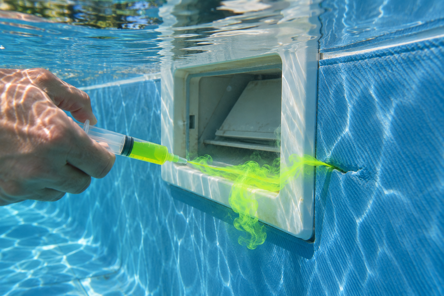 Colorant traceur libéré sous l’eau près d’un skimmer de piscine