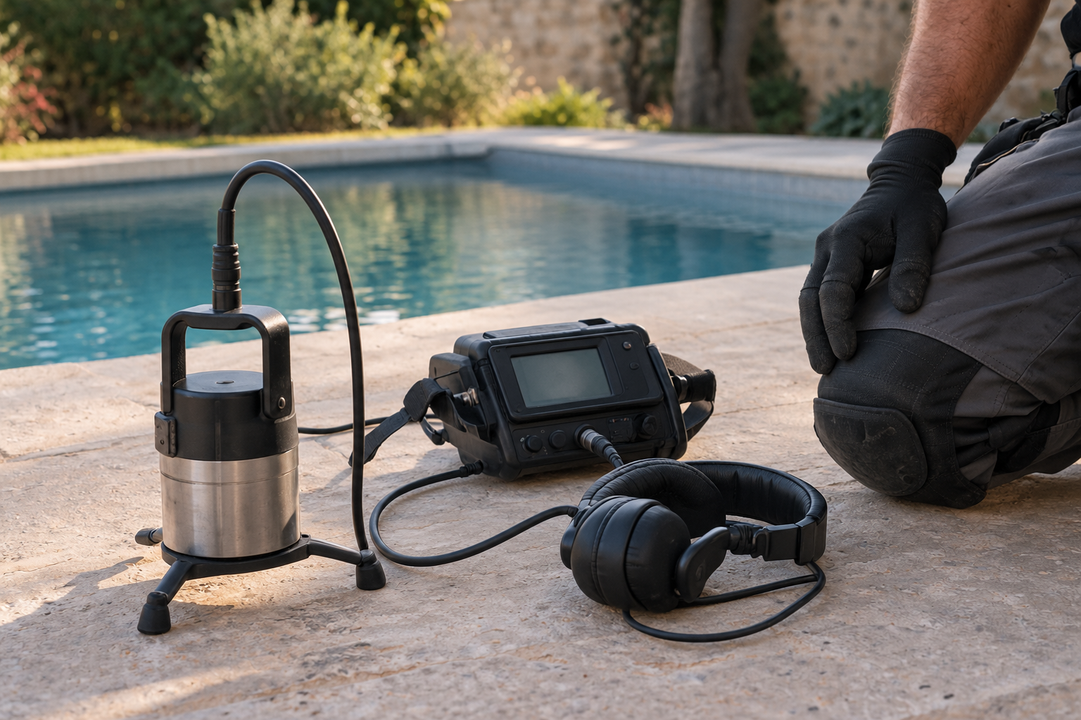 Micro de sol et casque d’écoute électroacoustique posés sur un dallage extérieur