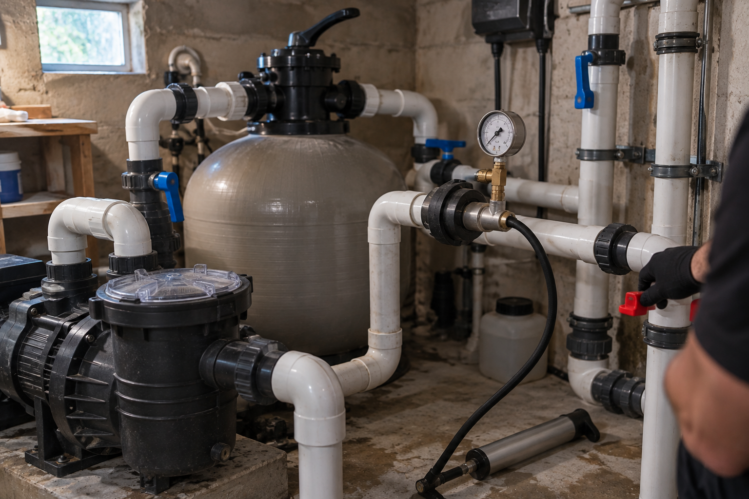 Manomètre raccordé à une canalisation de piscine dans le local technique