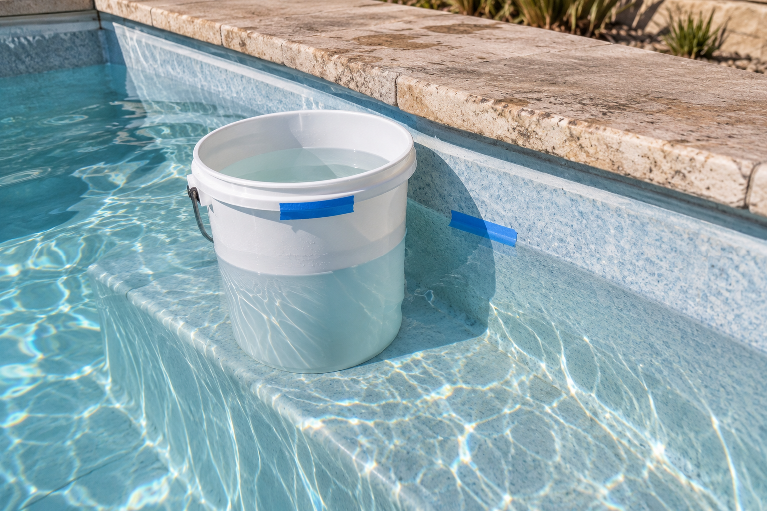 Seau d’eau posé sur la marche d’une piscine pour le test d’évaporation