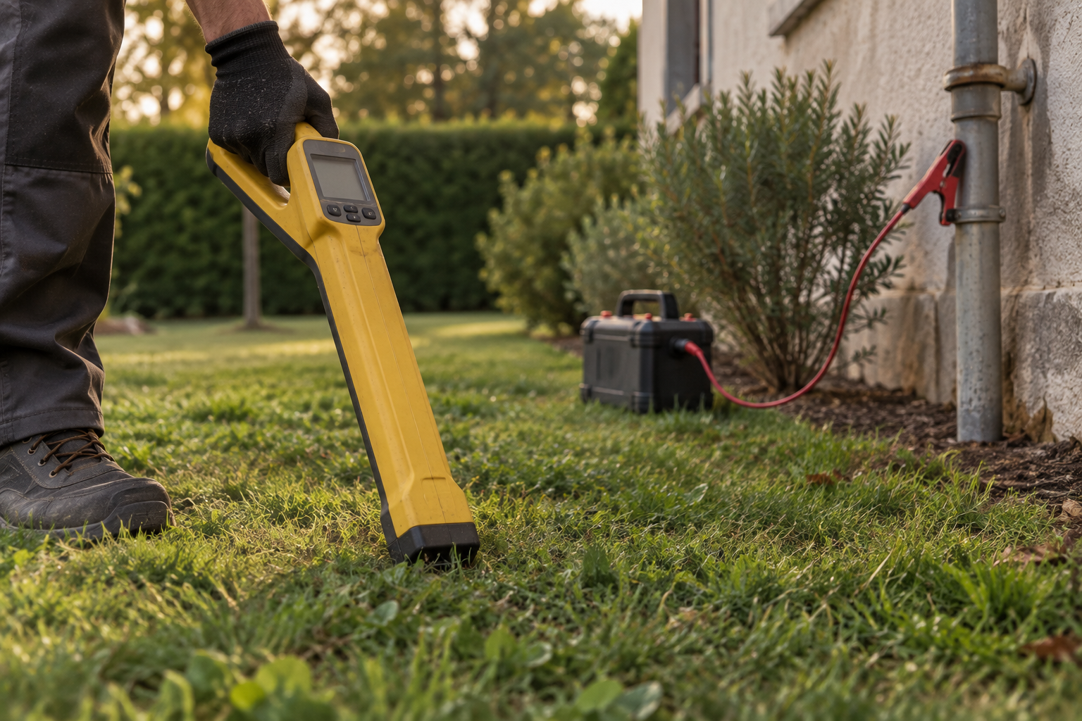 Technicien suivant le tracé d’un câble enterré avec un détecteur électromagnétique dans un jardin