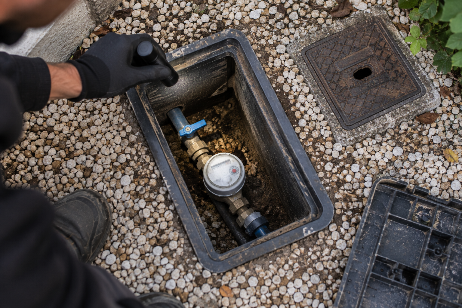 Regard d’eau et bouche à clé ouverts dans une allée, points de départ du repérage