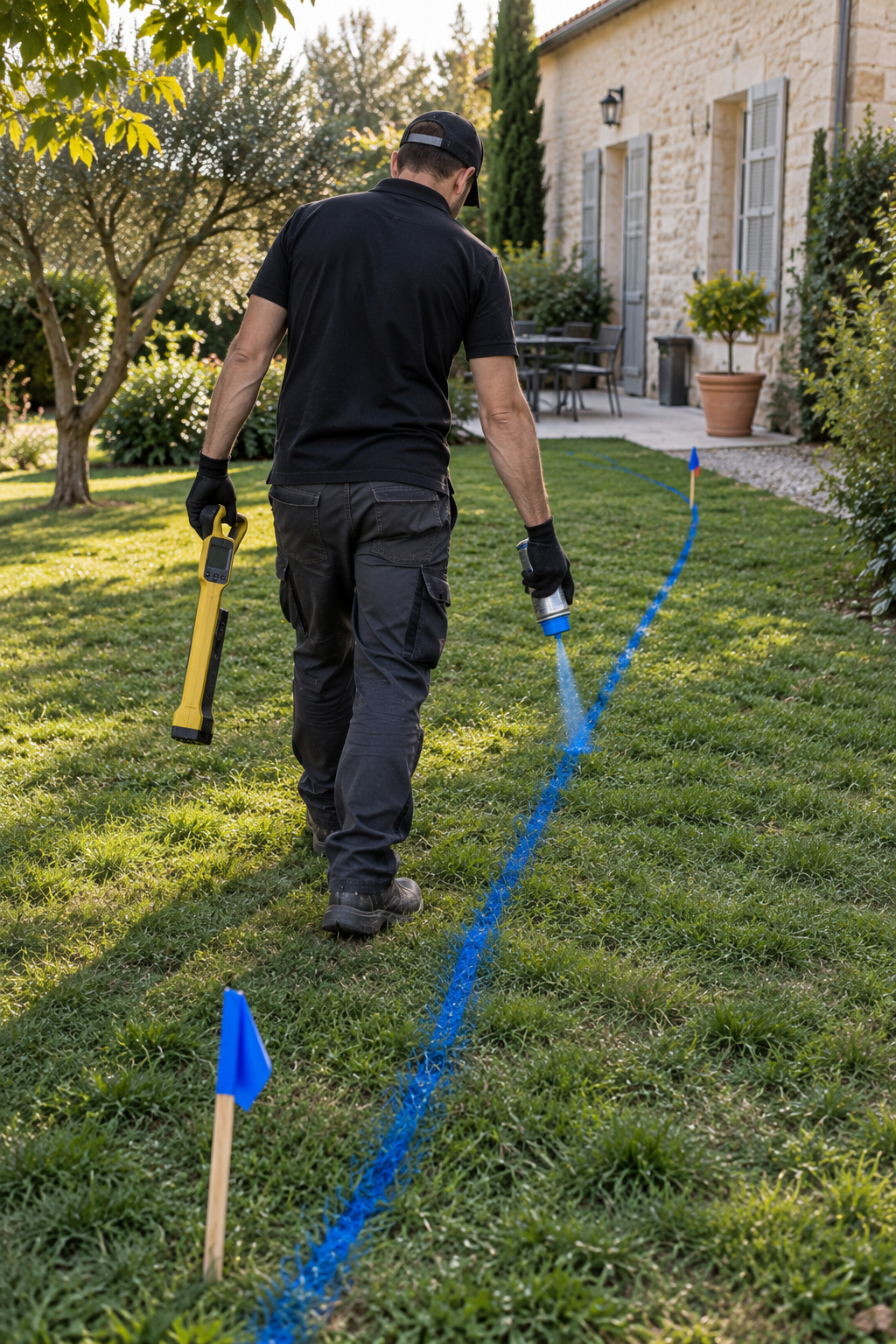 Technicien marquant au sol le tracé d’une canalisation avant des travaux
