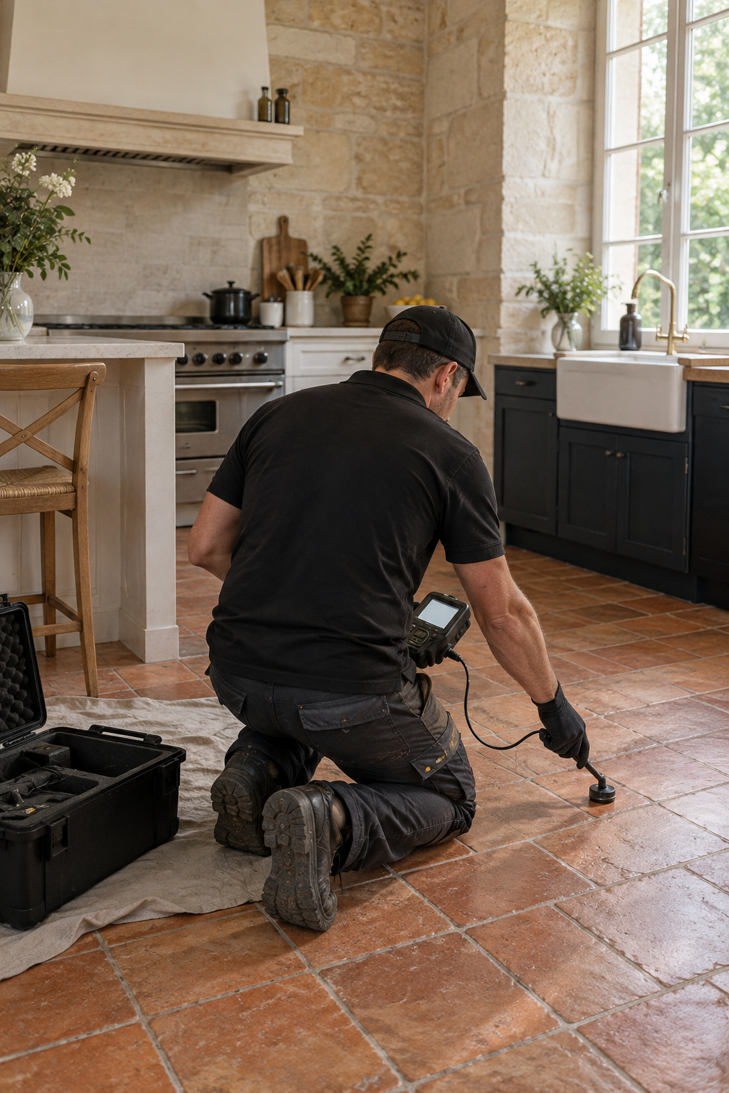 Technicien en recherche de fuite au détecteur de gaz traceur dans une maison