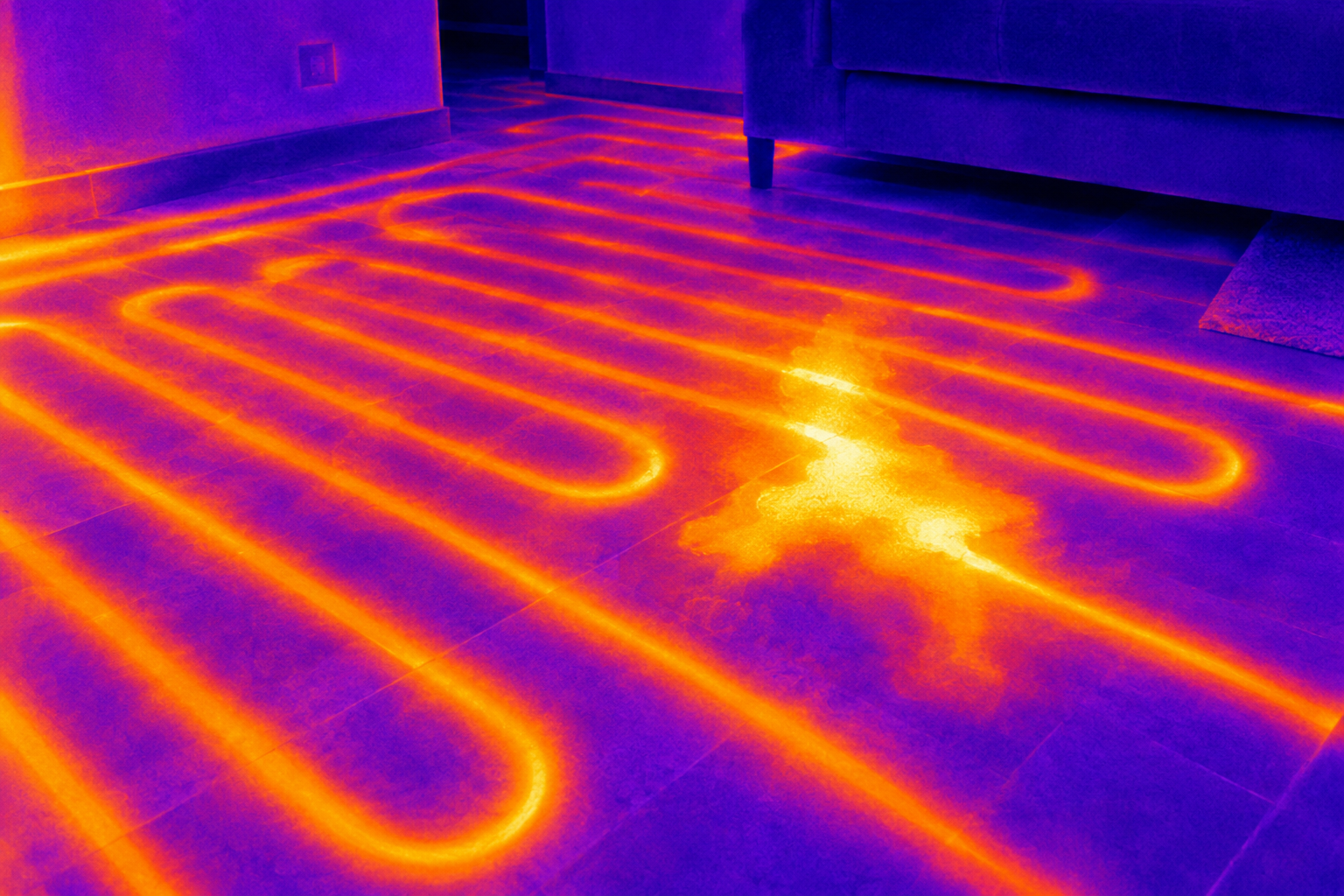 Image thermique d’un plancher chauffant révélant la fuite sur une boucle